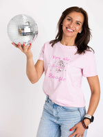 Woman wearing Pink round neck short sleeve womens top holding a disco ball. Yes Sir I Can Boogie slogan t shirt design with mirror ball. Organic Cotton Ladies Disco T-shirt