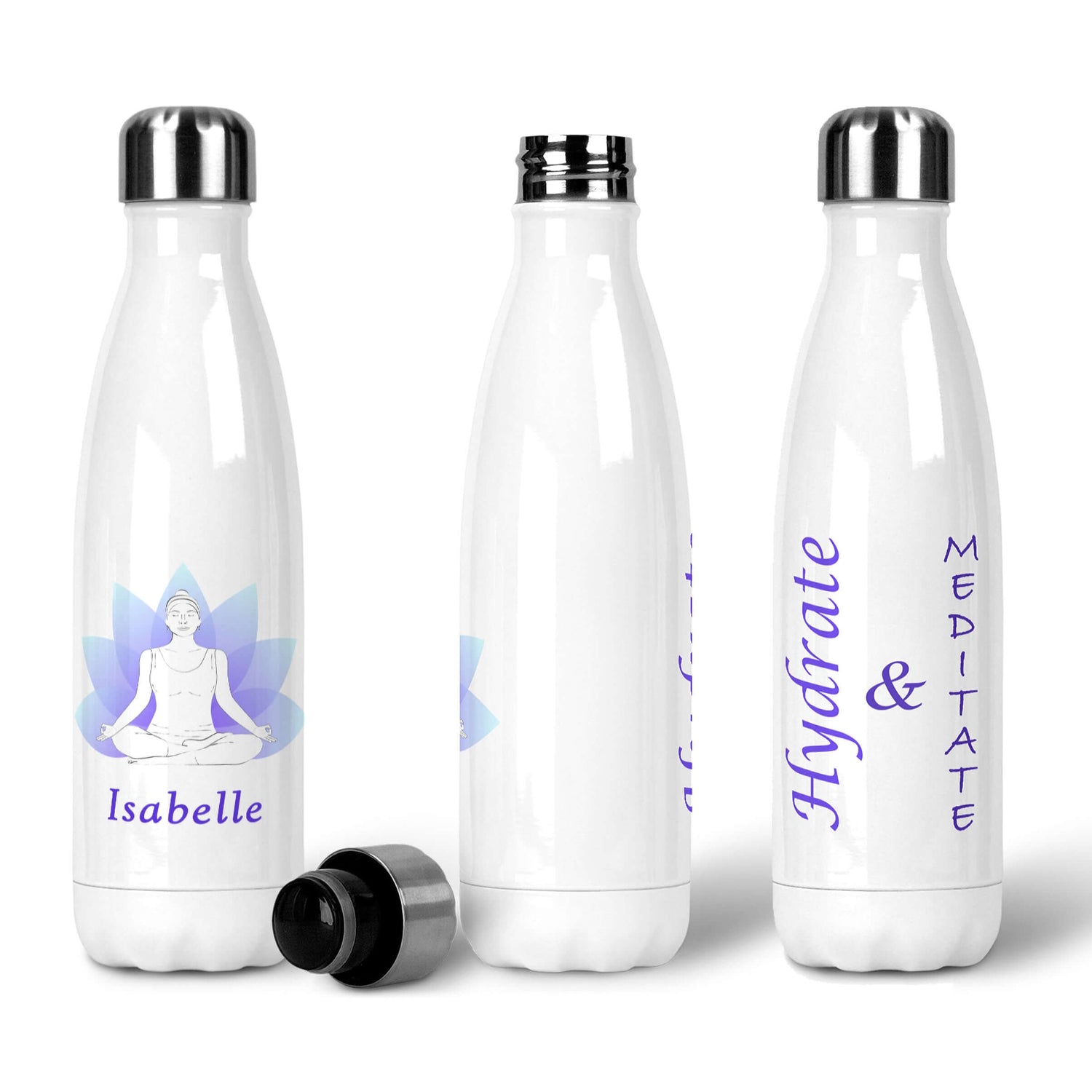 Personalised White 500ml reusable metal water bottle silver lid "Hydrate & Meditate" in purple font on one side. Two-tone blue and purple lotus flower. Other side - White outline woman in yoga meditation pose. Personalised purple font of name below