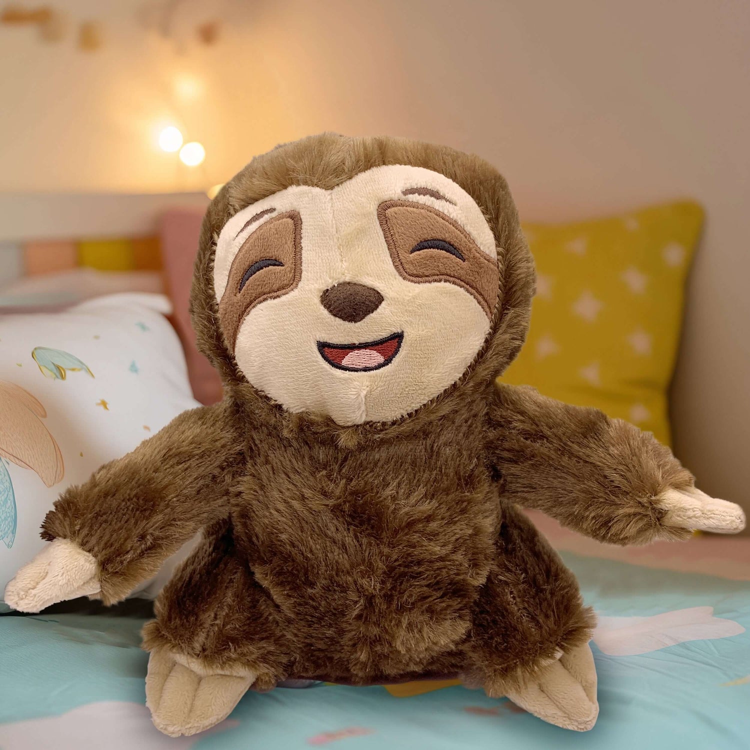 Cute Sloth Plush Toy - Sloth Plushie for Babies and Kids. Soft brown plush fur with contrast facial features. 3 toed sloth design. Adorable smiling face. Cuddly small plush toy.