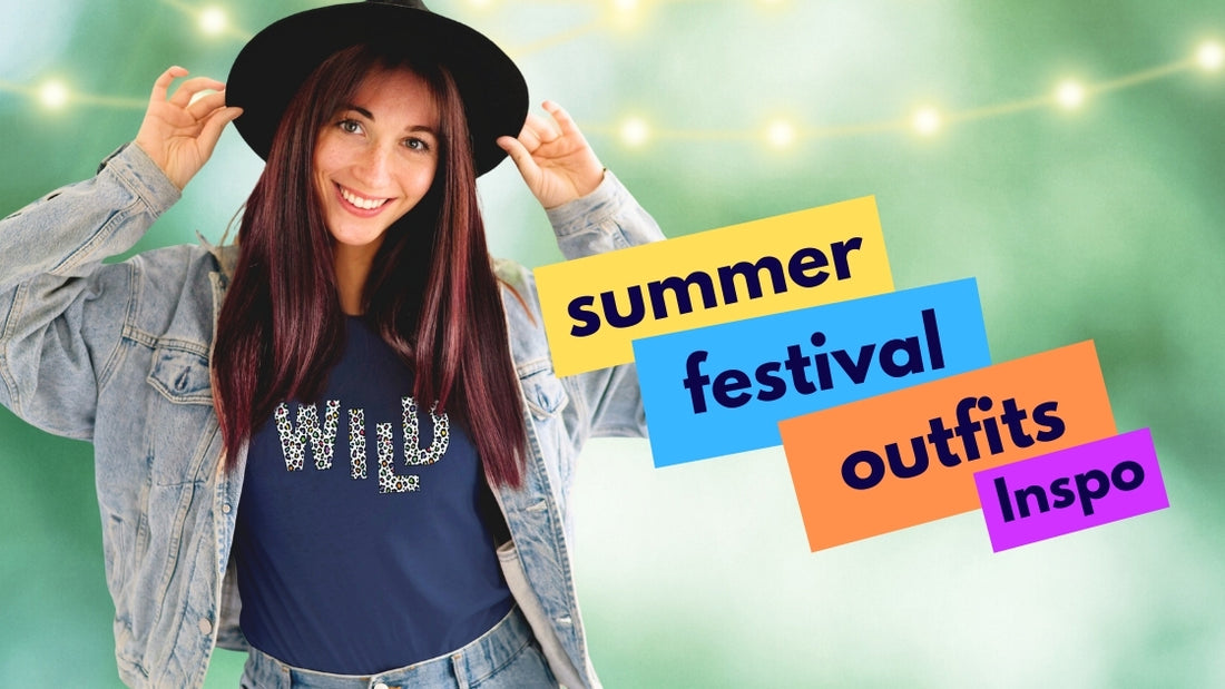Summer Festivals Outfits Inspo in bright colours. Woman wearing Denim jacket black fashion hat and navy leopard print tshirt with wording WILD in the multi colour animal print. Paired with blue jeans.