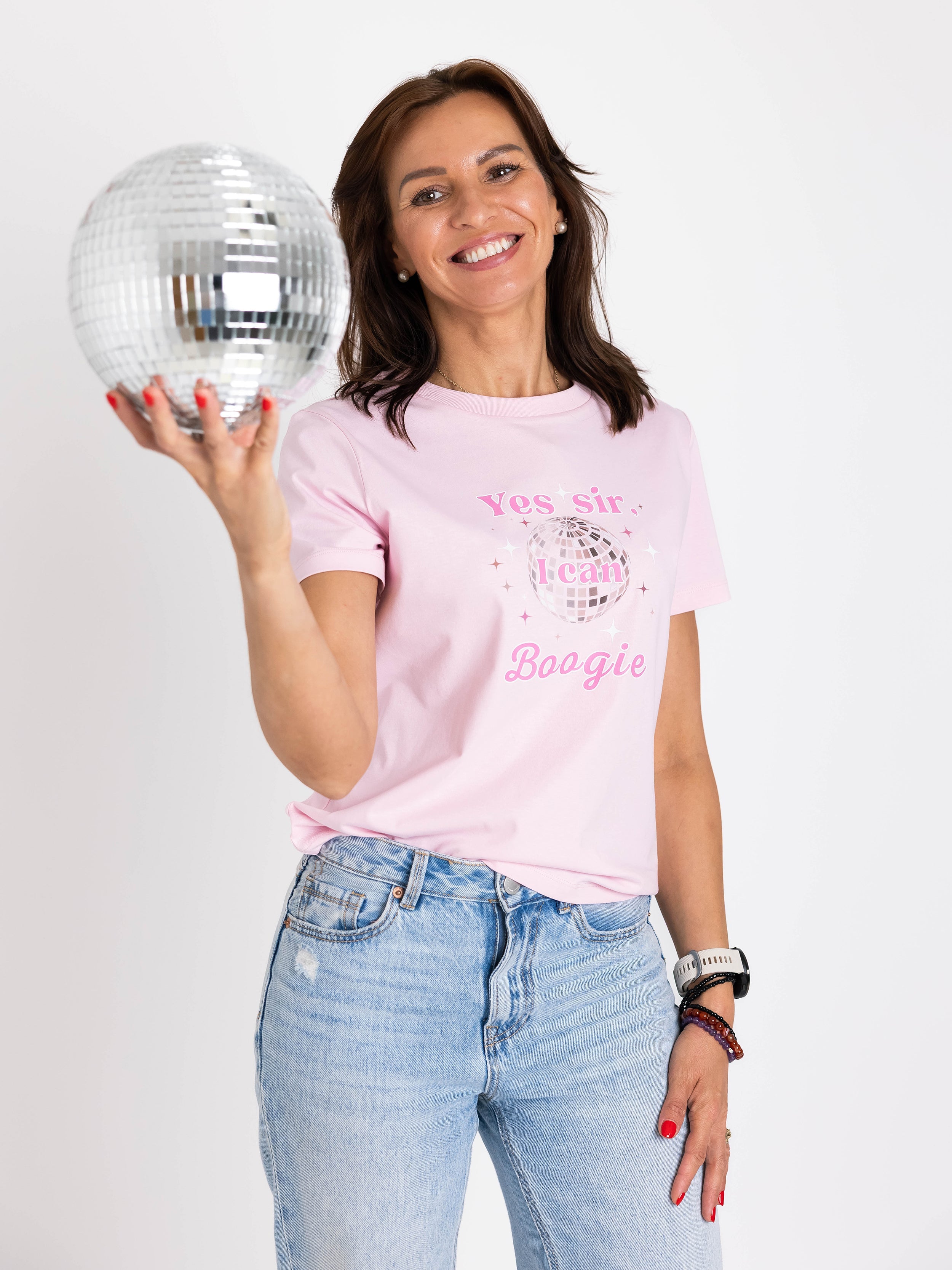 pink womens tshirt with disco mirrorball design