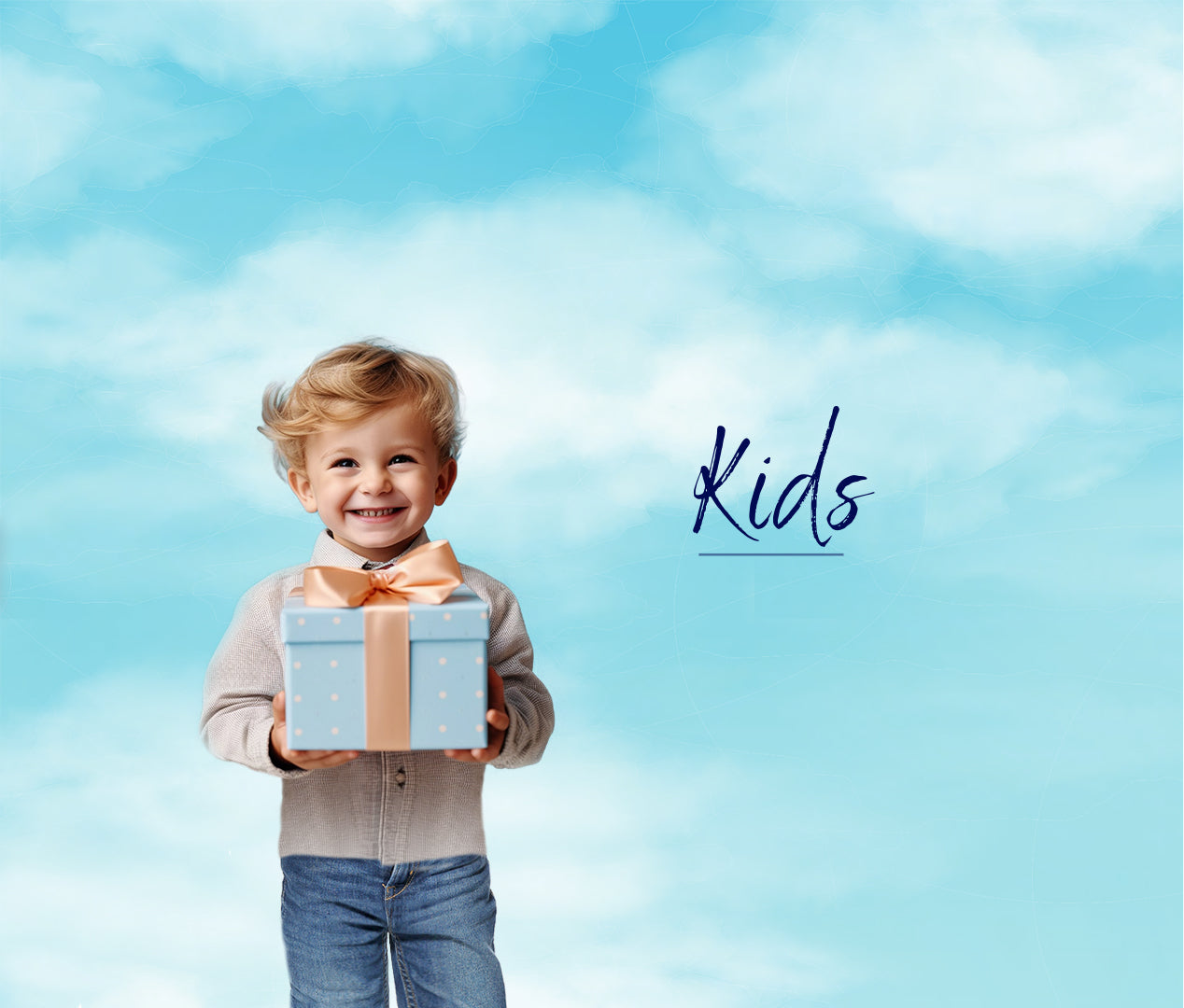 Blue sky and white clouds. Boy holding a present smiling representing Gifts for Kids. Text reads Kids