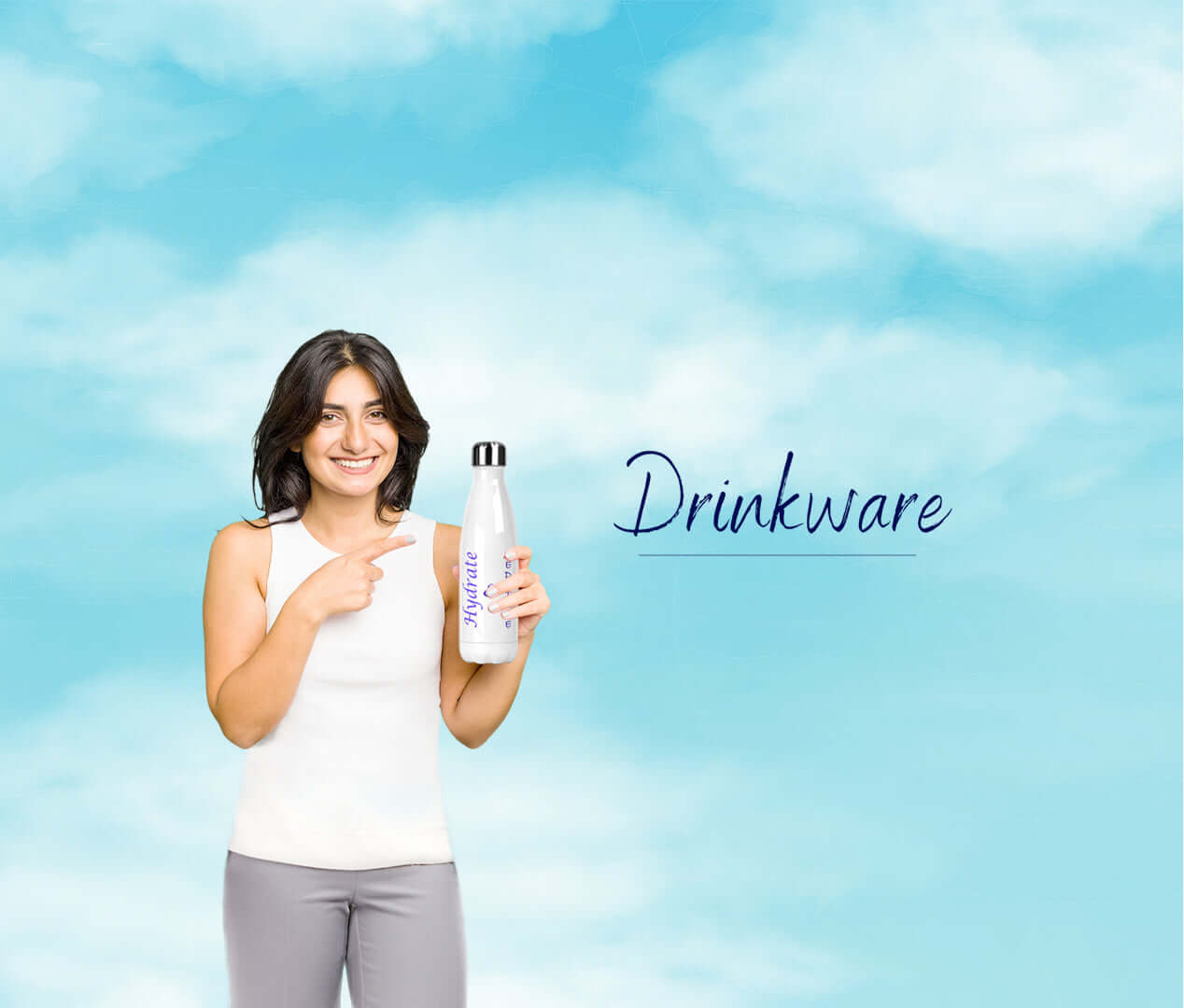 Blue sky with white clouds. Woman smiling holding a personalised white metal insulated water bottle