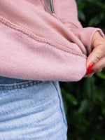 Close up showing cotton fabric detail of Womens Cowl Neck Hoodie - Dusty Pink ladies hoodie showing fleece inner lining 
