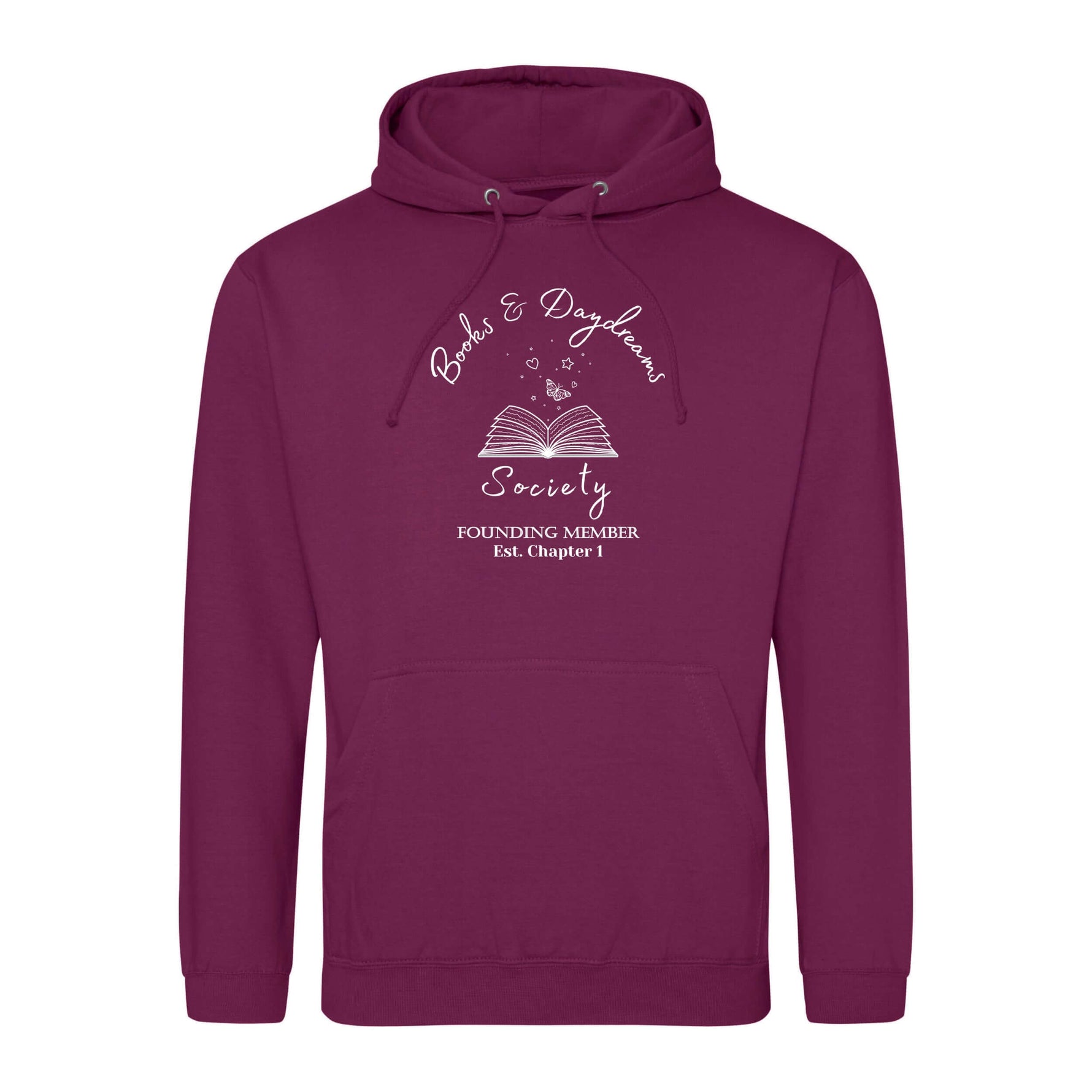 Autumn fashion womens sweatshirt with hood. Plum womens fashion book lover hoodie with relaxed fit, book lover slogan featuring a white “Books & Daydreams Society – Founding Member, Est. Chapter 1” with an open book and whimsical stars. Perfect bookish long sleeve hoodie, casual top for cosy reading days. Unisex fit ladies hoodie perfect for autumn sweater weather.  Drawstrings and kangaroo pocket.