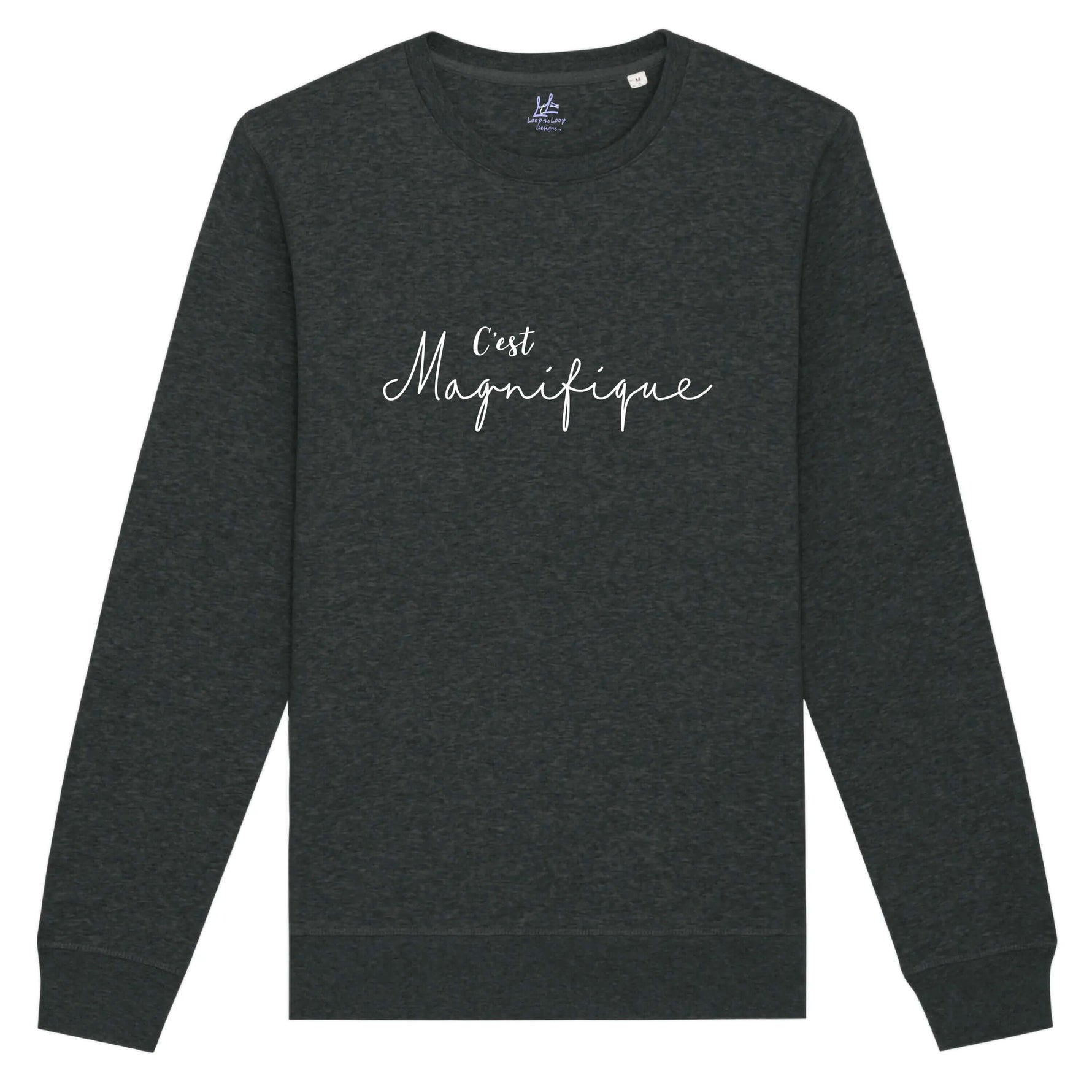 Charcoal Dark Heather Grey Unisex Sweatshirt. Round crew neck long sleeves with cuffs and white slogan design French phrase C'est Magnifique 