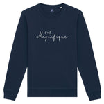 French Navy blue Ladies Oversized Sweatshirt. Round crew neck long sleeves with cuffs and white slogan design French phrase C'est Magnifique 