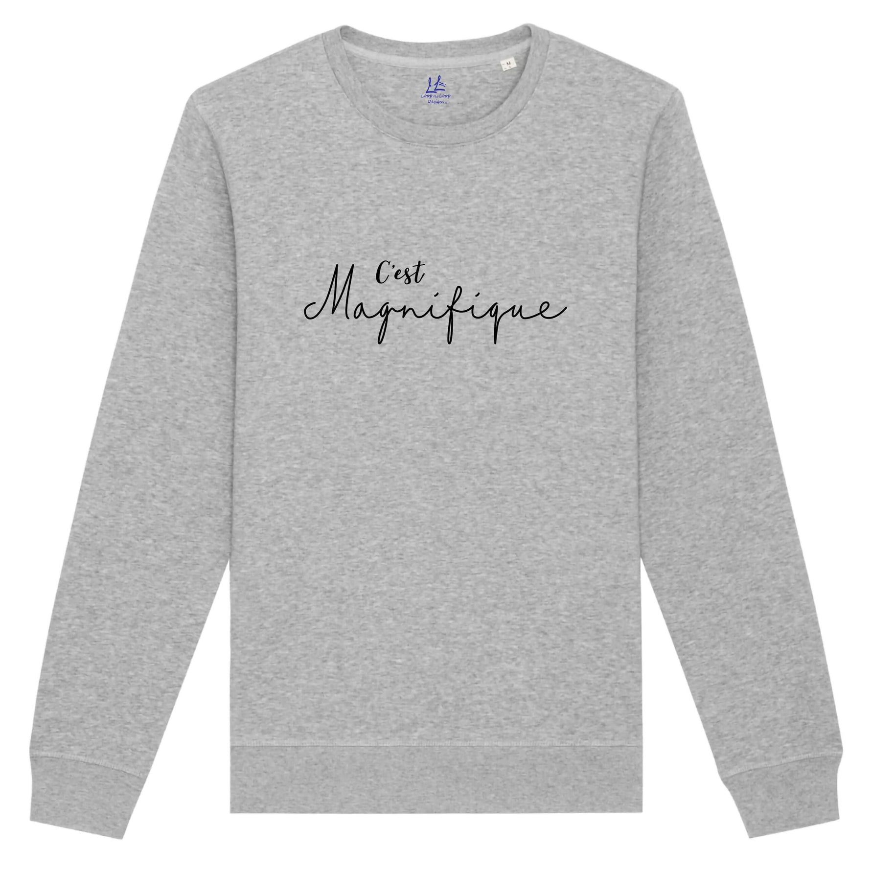 Light Heather Grey Womens Sweatshirt. Round crew neck long sleeves with cuffs and black slogan design French phrase C'est Magnifique 