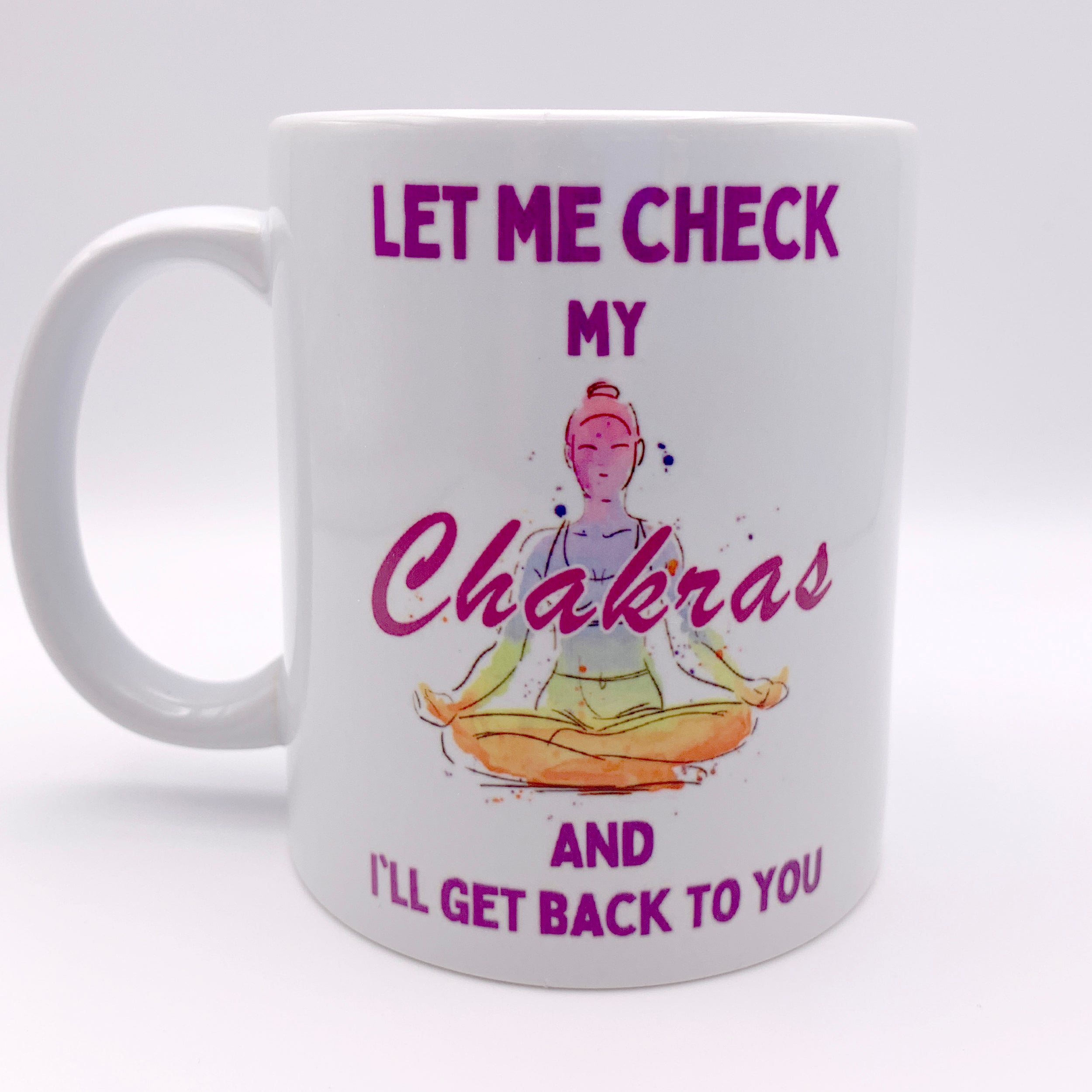 7 chakras white coffee cup yoga and mindfulness gift. Meditative figure with seven chakra colours and witty text on ceramic white mug