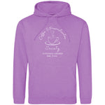 Purple lavender Coffee lover themed relaxed fit unisex hoodie. Men / Womens hoodie top with coffee mug with cup and saucer design. White outline with steam up from cup shaped into a heart. Writing above design reads Coffee & Procrastination. Below design 