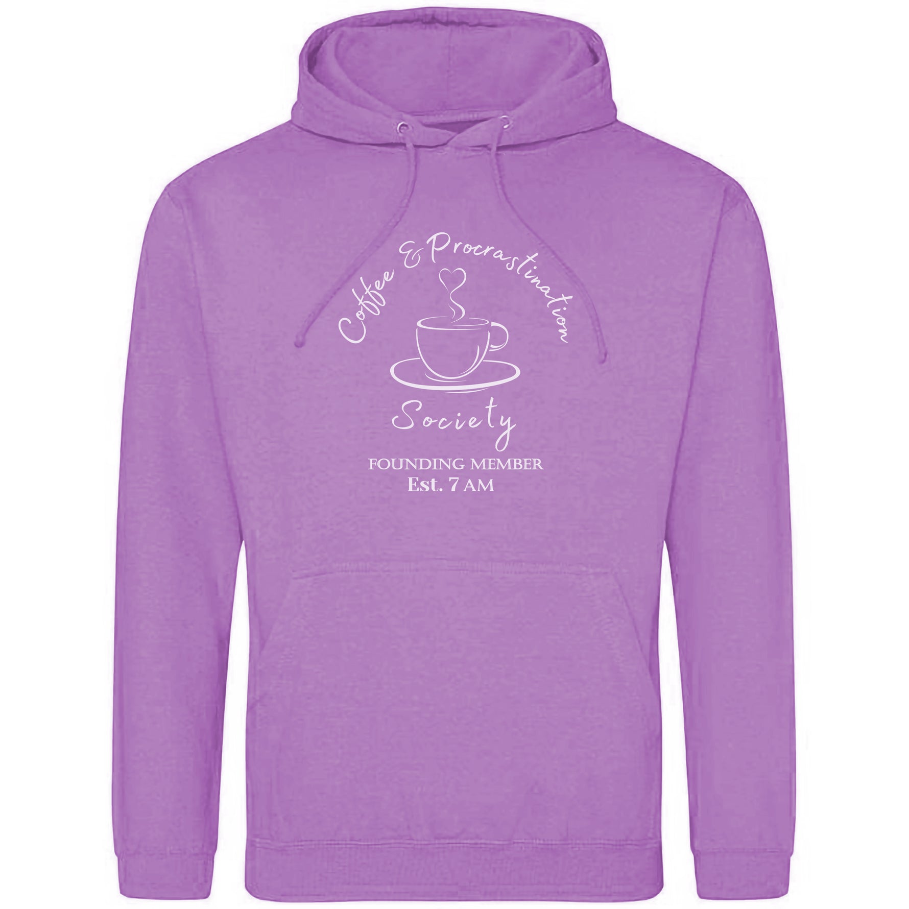 Purple lavender Coffee lover themed relaxed fit unisex hoodie. Men / Womens hoodie top with coffee mug with cup and saucer design. White outline with steam up from cup shaped into a heart. Writing above design reads Coffee & Procrastination. Below design 