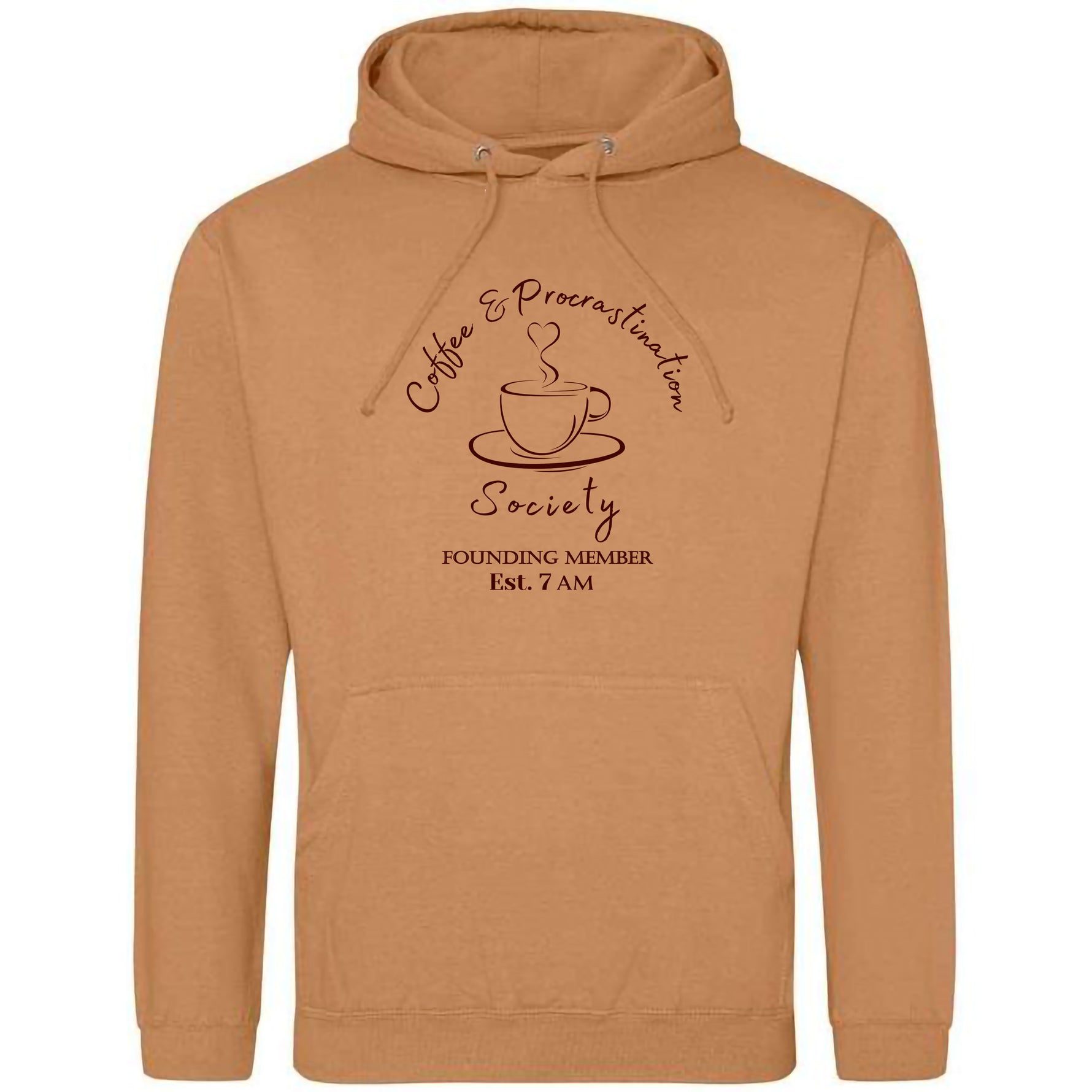 Coffee lover themed relaxed fit unisex hoodie. Caramel hoodie top with coffee mug with cup and saucer design. Dark brown outline with steam up from cup shaped into a heart. Writing above design reads Coffee & Procrastination. Below design reads ...Society