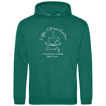 Jade green Coffee lover themed relaxed fit unisex hoodie. Men / Womens mid green fashion hoodie top with coffee mug with cup and saucer design. White outline with steam up from cup shaped into a heart. Writing above design reads Coffee & Procrastination. 