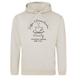 Coffee lover themed relaxed fit unisex stone grey hoodie. Men / Womens cream/grey fashion hoodie top with coffee mug with cup and saucer design. Black outline with steam up from cup shaped into a heart. Writing above design reads Coffee & Procrastination.