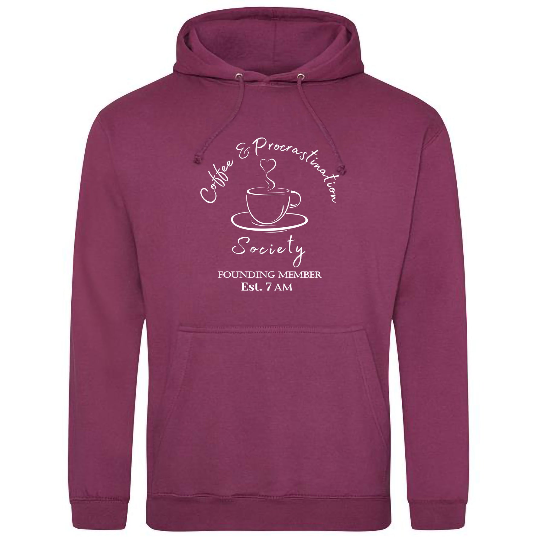 Plum Coffee lover themed relaxed fit unisex hoodie. Men / Womens pink / purple hoodie top with coffee mug with cup and saucer design. White outline with steam up from cup shaped into a heart. Writing above design reads Coffee & Procrastination. Below desi