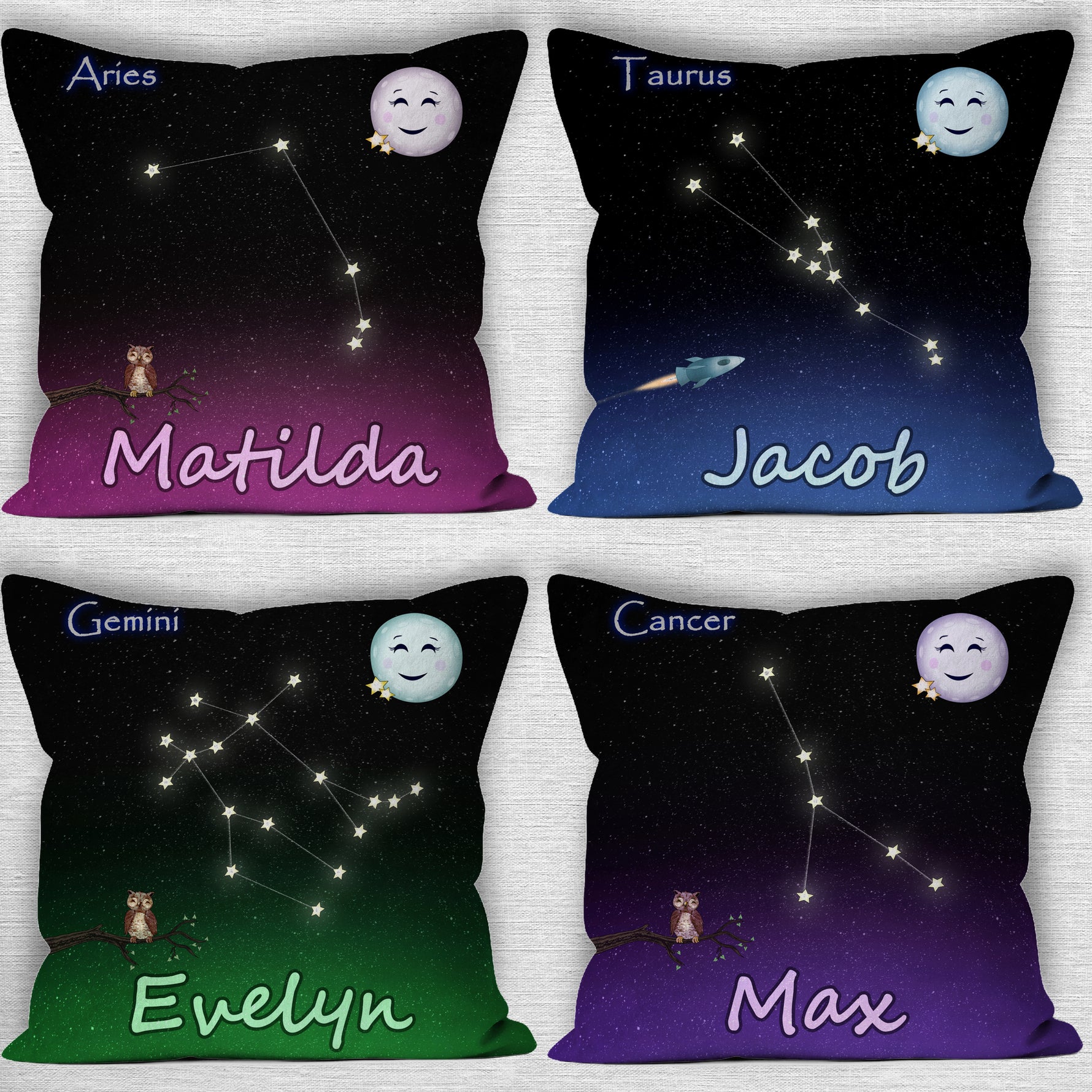 4 variations shown of personalised astrological star sign 18 inch home decor cushion. Top Left is black with pinky purple hue, Top R with blue hue, Bottom Left emerald green hue and bottom right deep purple hue. 3 show small owl variation. Other show rocket ship variation. All personalised. Top left of each cushion shows zodiac sign of the star constellation. Top right of the cushion has a cute smiling moon with 2 gold colour stars. 2 personalised with boys name, 2 with girls name 