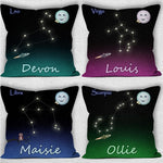 4 variations shown of personalised astrological star sign 18 inch home decor cushion. Top Left is black with teal hue, Top R with pinky/purple hue, Bottom Left blue hue and bottom right emerald green hue. 3 show rocket ship variation. Other shows small owl variation. All personalised. Top left of each cushion shows zodiac sign of the star constellation. Top right of the cushion has a cute smiling moon with 2 gold colour stars. 3 personalised with boys name,1 with girls name