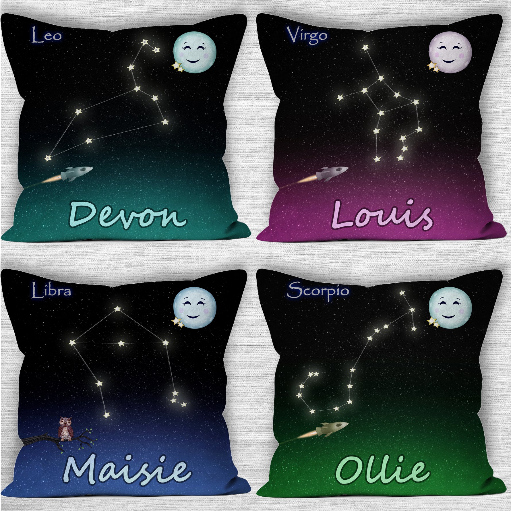 4 variations shown of personalised astrological star sign 18 inch home decor cushion. Top Left is black with teal hue, Top R with pinky/purple hue, Bottom Left blue hue and bottom right emerald green hue. 3 show rocket ship variation. Other shows small owl variation. All personalised. Top left of each cushion shows zodiac sign of the star constellation. Top right of the cushion has a cute smiling moon with 2 gold colour stars. 3 personalised with boys name,1 with girls name