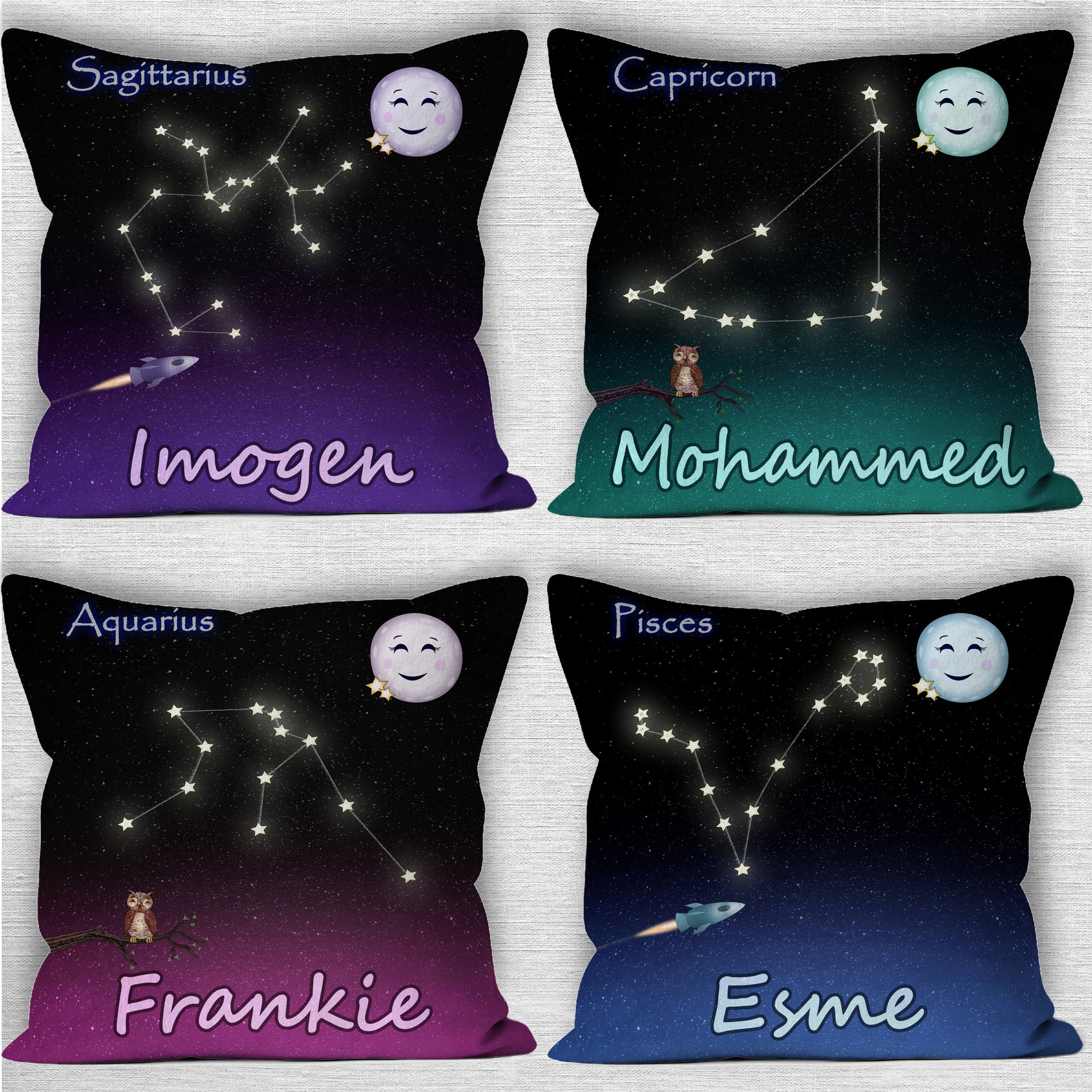 4 variations shown of personalised astrological star sign 18 inch home decor cushion. Top Left is black with deep purple hue, Top R with teal hue, Bottom Left pinky/purple hue and bottom right blue hue. Two show rocket ship variation. Other two show small owl variation. All personalised. Top left of each cushion shows zodiac sign of the star constellation. Top right of the cushion has a cute smiling moon with 2 gold colour stars. 2 personalised with boys name, 2 with girls name