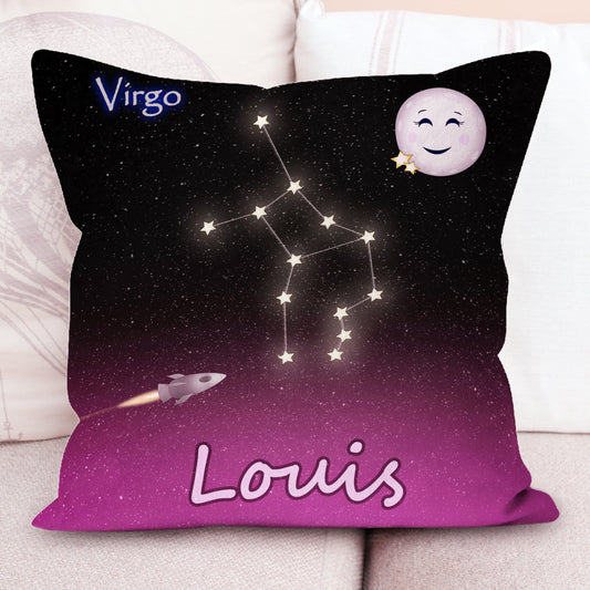 Personalised cushion cover with zodiac sign Virgo. Space backdrop black sky with stars fading to deep pink purple hue at bottom of the  cusion. Personalised with name at the  bottom, Rocket to the left of star sign constellation at centre and top right cute smiling moon and two stars. 18 inch faux suede home decor constellation cushion