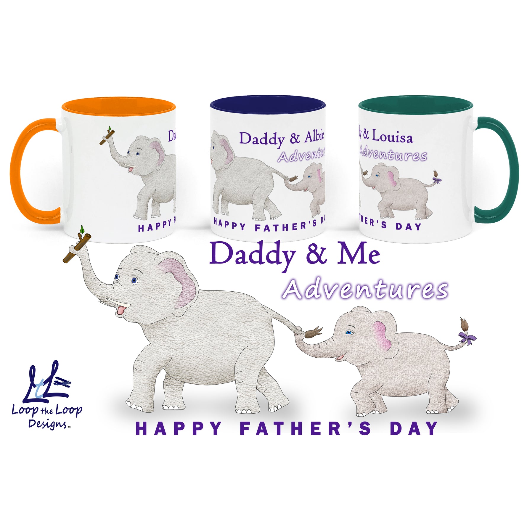 Happy Fathers Day wrap around personalised mug design. Customisable options. White 2-tone coffee cup shown 3 colour options shown for inner and handle - orange, navy or green. Text Daddy & Personalised *childs name* Adventures above elephants.. Close up of mug below shows Hand drawn image of father and daughter (1 of 2 options)  happy elephants in procession 