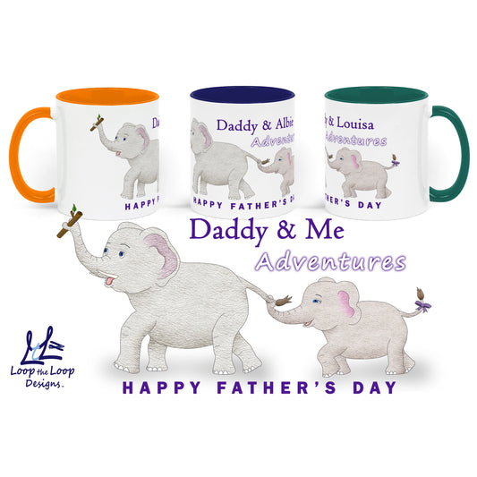 Happy Fathers Day wrap around personalised mug design. Customisable options. White 2-tone coffee cup shown 3 colour options shown for inner and handle - orange, navy or green. Text Daddy & Personalised *childs name* Adventures above elephants.. Close up of mug below shows Hand drawn image of father and daughter (1 of 2 options)  happy elephants in procession 