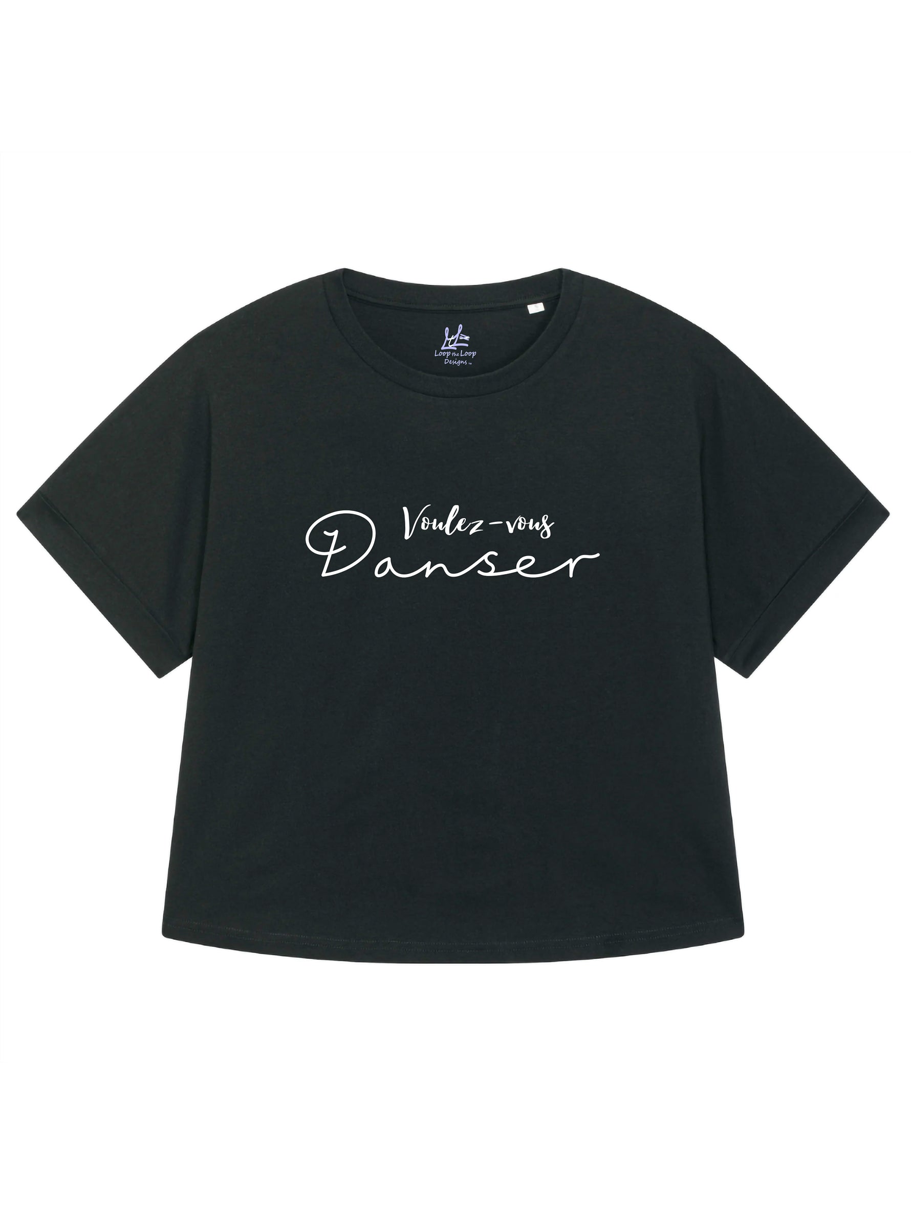 Black womens oversized T-shirt with loose sleeves with roll cuffs. The ladies tshirt has the french words Voulez Vous Danser in white