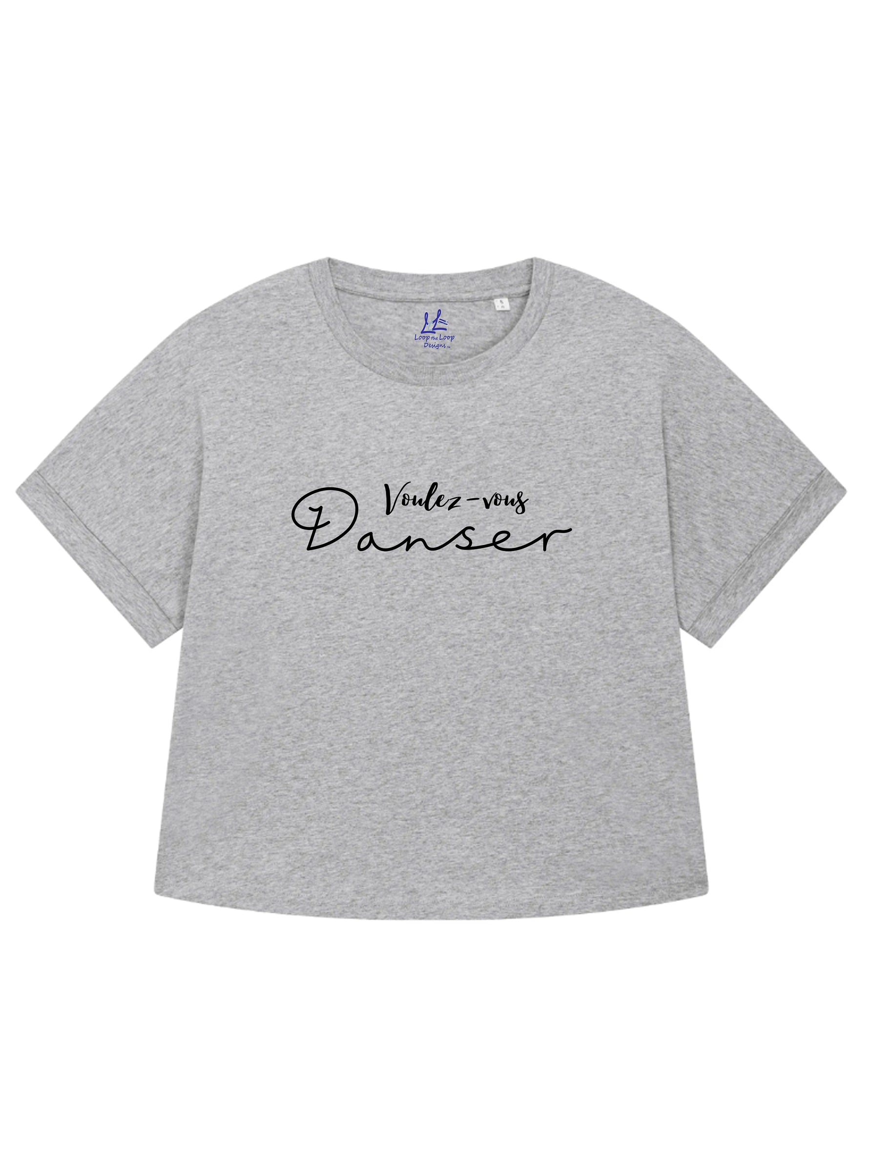Light grey womens oversized T-shirt with loose sleeves with roll cuffs. The ladies tshirt has the french words Voulez Vous Danser in black