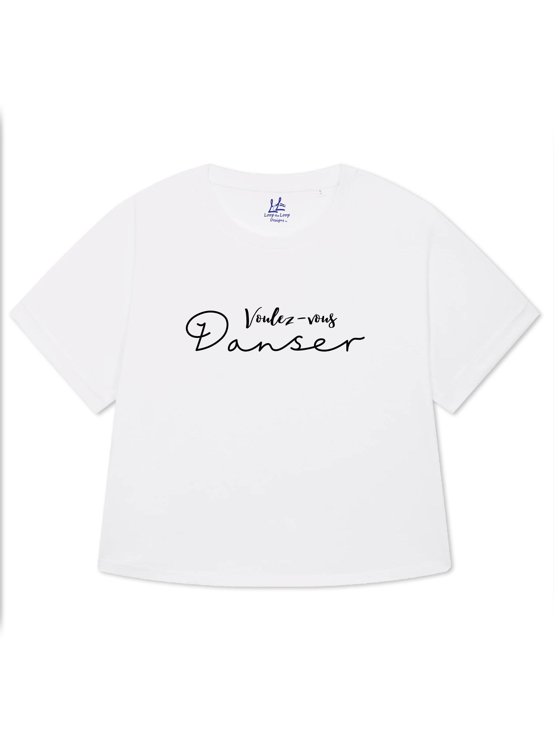 White womens oversized T-shirt with loose sleeves with roll cuffs. The ladies tshirt has the french words Voulez Vous Danser in black 