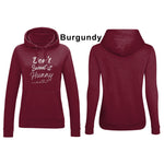 Burgundy fitted fashion womens long sleeve hoodie. Hoodie top for workout / casual wear with self empowerment slogan in white writing to front chest reads Don't Sweat It Hunny with line shaped into heart half way and up curl at one end. Hood with fabric drawstrings. 