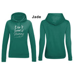 Jade green fitted fashion womens long sleeve hoodie. Mid green Hoodie top for workout / casual wear with self empowerment slogan in white writing to front chest reads Don't Sweat It Hunny with line shaped into heart half way and up curl at one end. Hood with fabric drawstrings. 