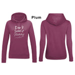 Plum fitted fashion womens long sleeve hoodie. Pink / Purple Hoodie top for workout / casual wear with self empowerment slogan in white writing to front chest reads Don't Sweat It Hunny with line shaped into heart half way and up curl at one end. Hood with fabric drawstrings. 