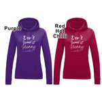 Left image purple fitted fashion womens long sleeve hoodie. Hoodie top for workout / casual wear with self empowerment slogan in white writing to front chest reads Don't Sweat It Hunny with line shaped into heart half way and up curl at one end. Right image same design but slogan hoodie is bright cholli red with navy text Hood with fabric drawstrings. 