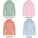 Womens clothing - Love heart cross cowl neck hoodie. Cotton Polyster blend relaxed fit unisex oversized hoodie design has love heart. White heart to upper left of the chest with word Love in white handwriting font nestled within the heart. Photo shows 4 hoodies with drawstrings metal toggles to ends and thumb holes to long sleeve arm cuffs. Top left is green fashion hoodie Top right is Baby pink colour Bottom left is dusty pink hoodie and Bottom right Sky Blue comfy casual style all 4 matchinghoodie