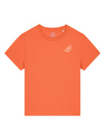 Womens Cotton Soft Orange t-shirt with lemon slice in white outline motif on the front of a ladies orange short sleeve summer t shirt 