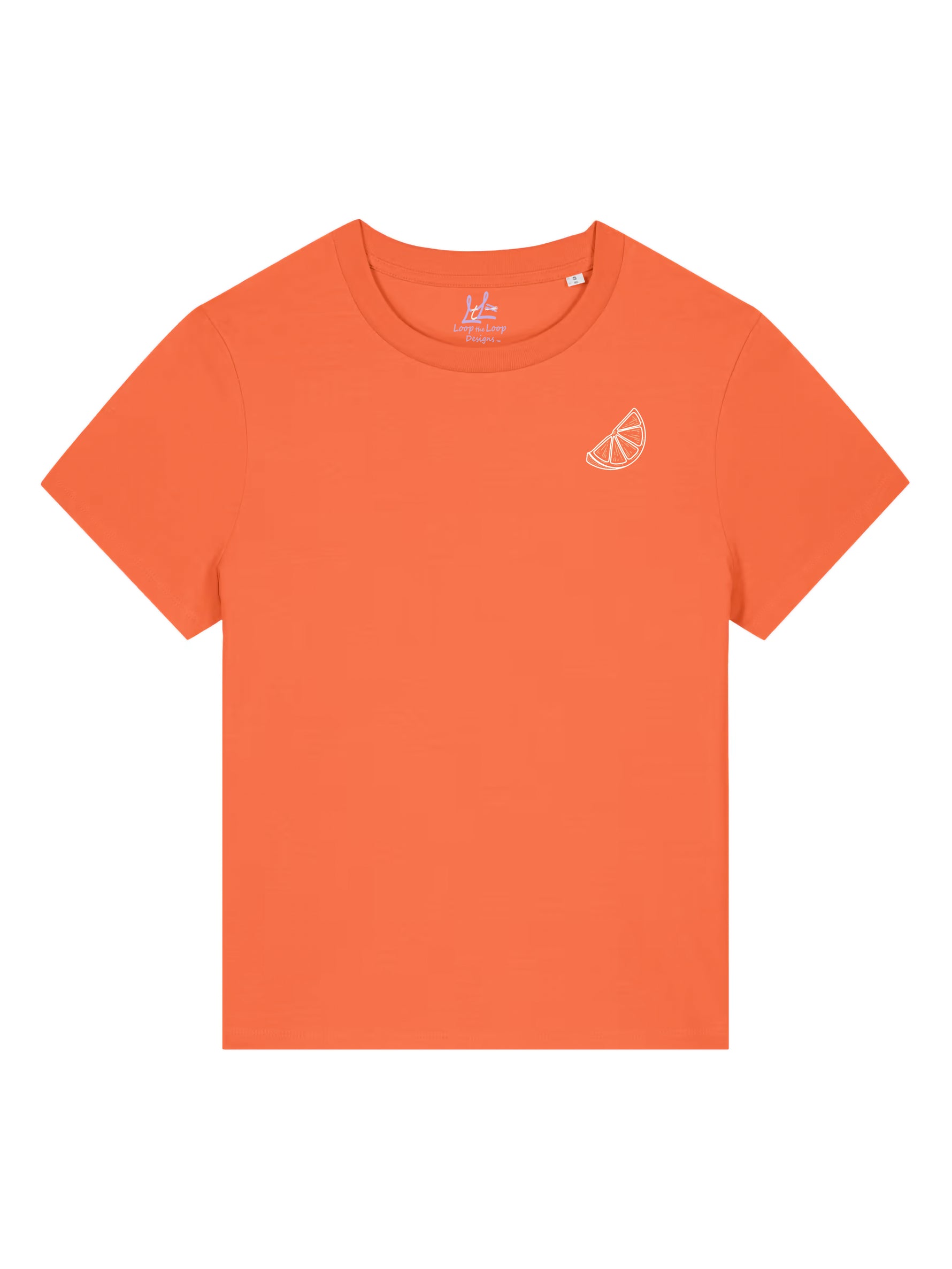Womens Cotton Soft Orange t-shirt with lemon slice in white outline motif on the front of a ladies orange short sleeve summer t shirt 