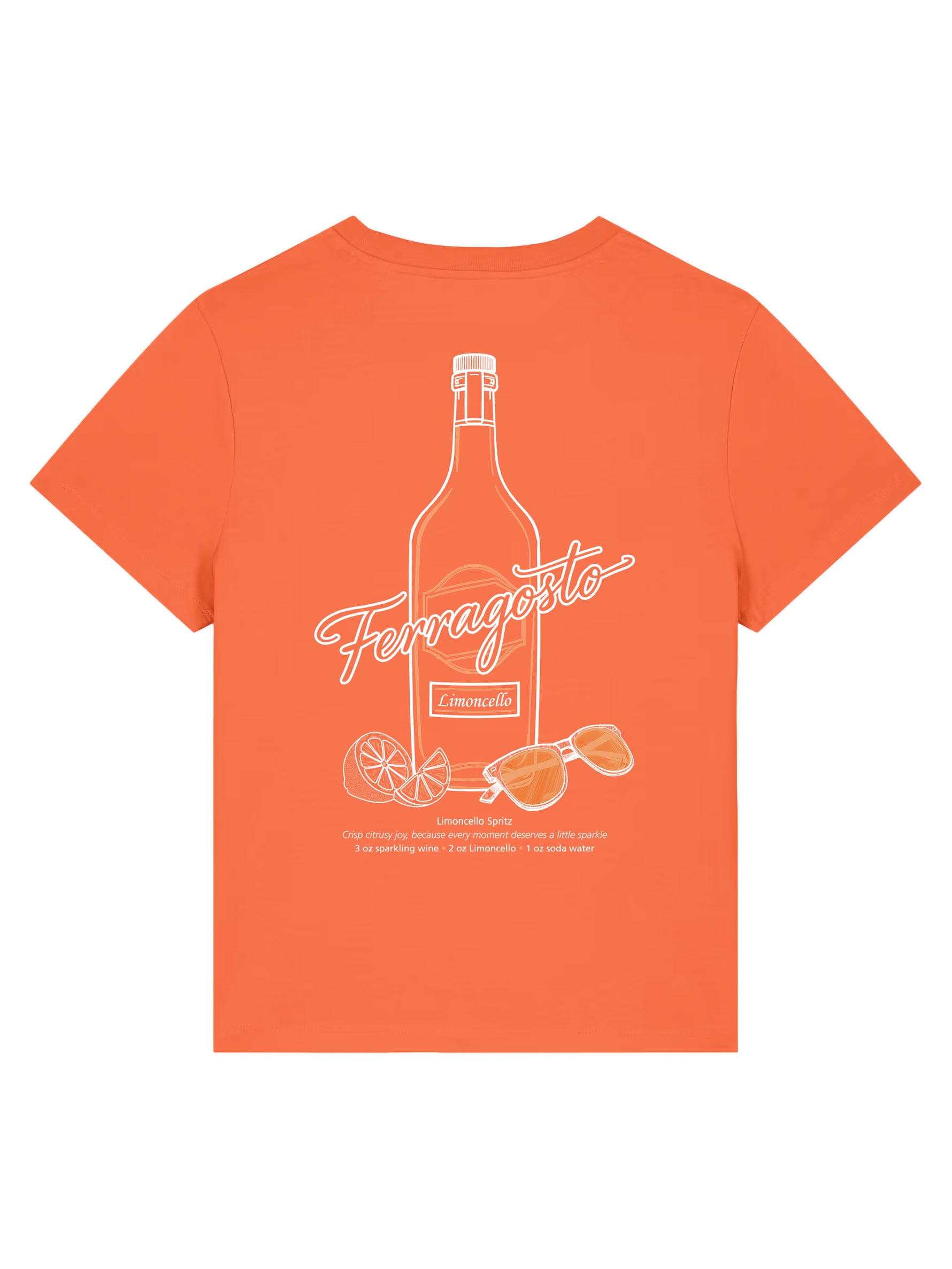 Soft orange womens cotton t-shirt. White limoncello spritz graphic and 'Ferragosto' slogan on the back of a ladies orange short sleeve summer t shirt 
