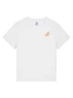 Womens Cotton White t-shirt with lemon slice in orange outline motif on the front of a ladies white short sleeve summer t shirt 