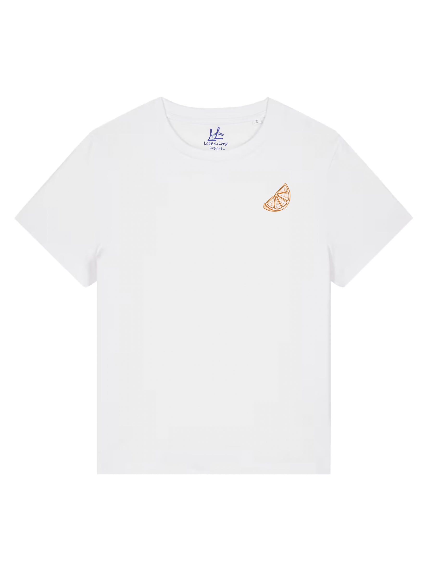 Womens Cotton White t-shirt with lemon slice in orange outline motif on the front of a ladies white short sleeve summer t shirt 