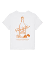 White t-shirt with limoncello spritz graphic and 'Ferragosto' text on the back of a ladies white short sleeve summer t shirt 