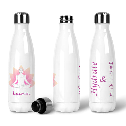 Personalised White 500ml reusable metal water bottle silver lid "Hydrate & Meditate" in dark pink font on one side. Two-tone peach and pink lotus flower. Other side - White outline woman in yoga meditation pose. Personalised dark pink font of name below
