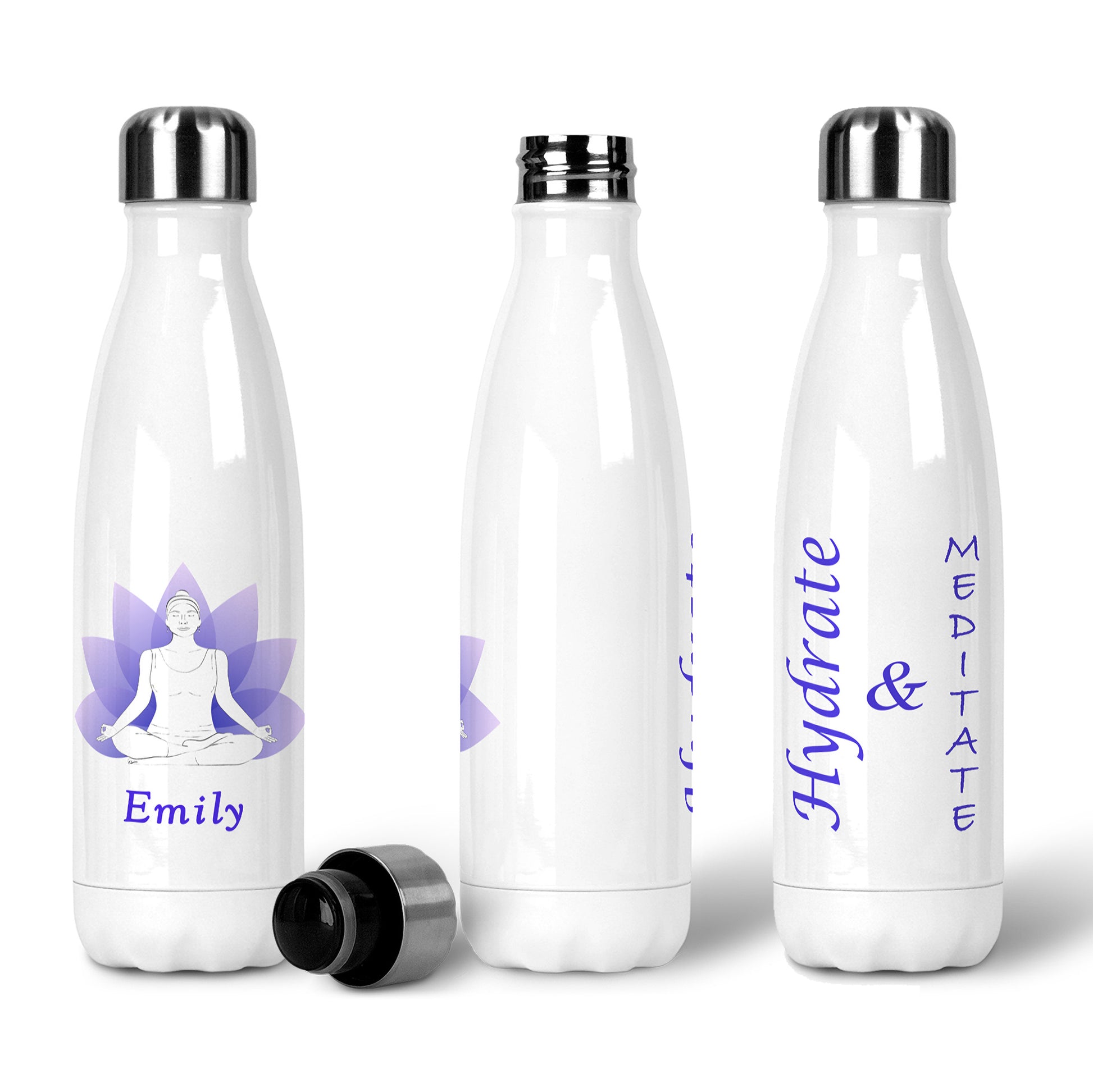 Personalised White 500ml reusable metal water bottle silver lid "Hydrate & Meditate" in violet  purple font on one side. Two-tone light to dark purple lotus flower. Other side   - White outline woman in yoga meditation pose. Personalised name below