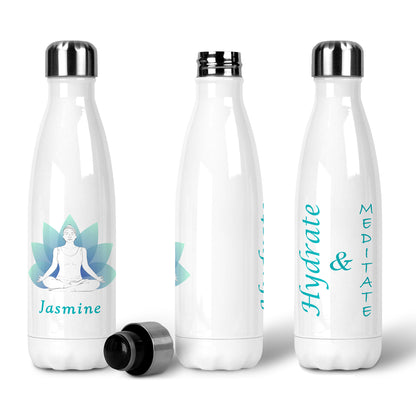 Personalised White 500ml reusable metal water bottle silver lid "Hydrate & Meditate" in sea green font on one side. Two-tone green and blue lotus flower. Other side - White outline woman in yoga meditation pose. Personalised name in sea green below
