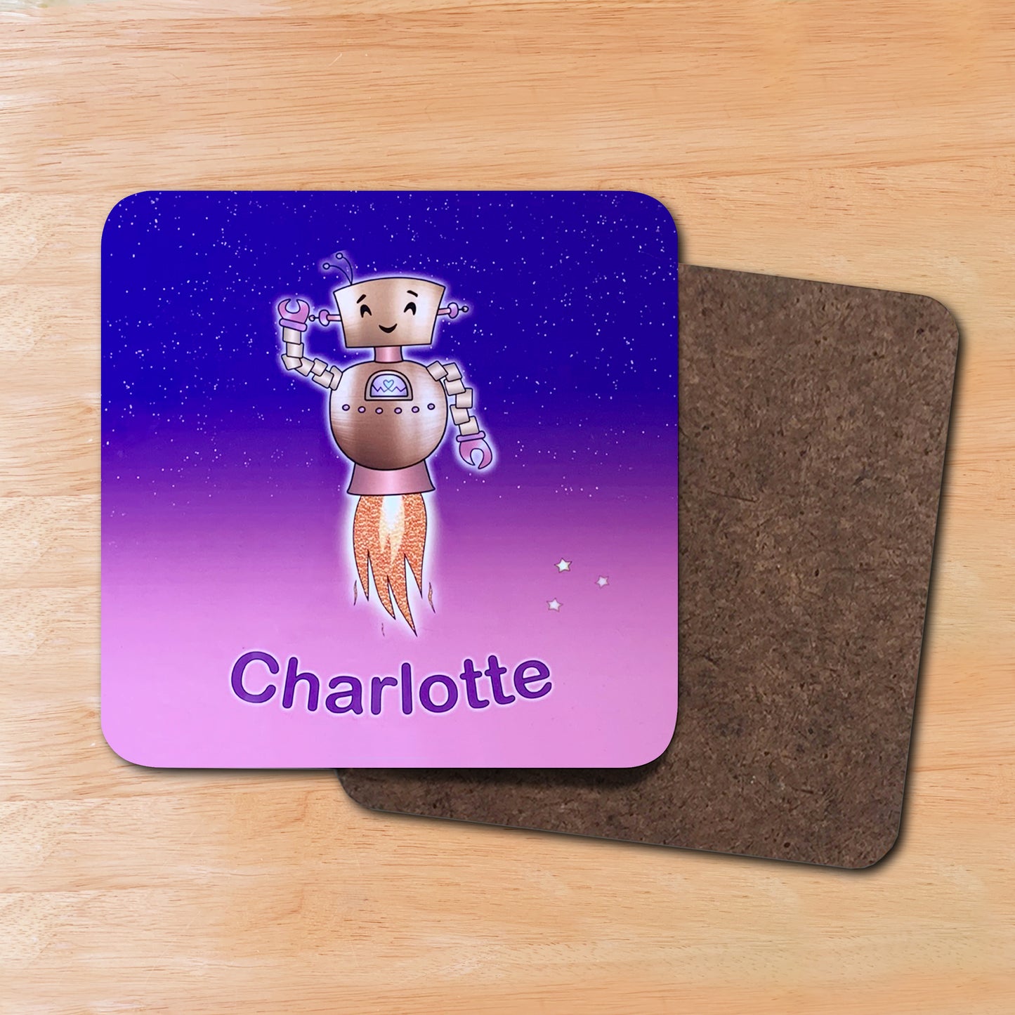 Pink and purple star sky kids coaster wooden backing. Gold Robot smiling with jets flying into space. Personalised with girl's name at the bottom of custom child's drinks coaster. 