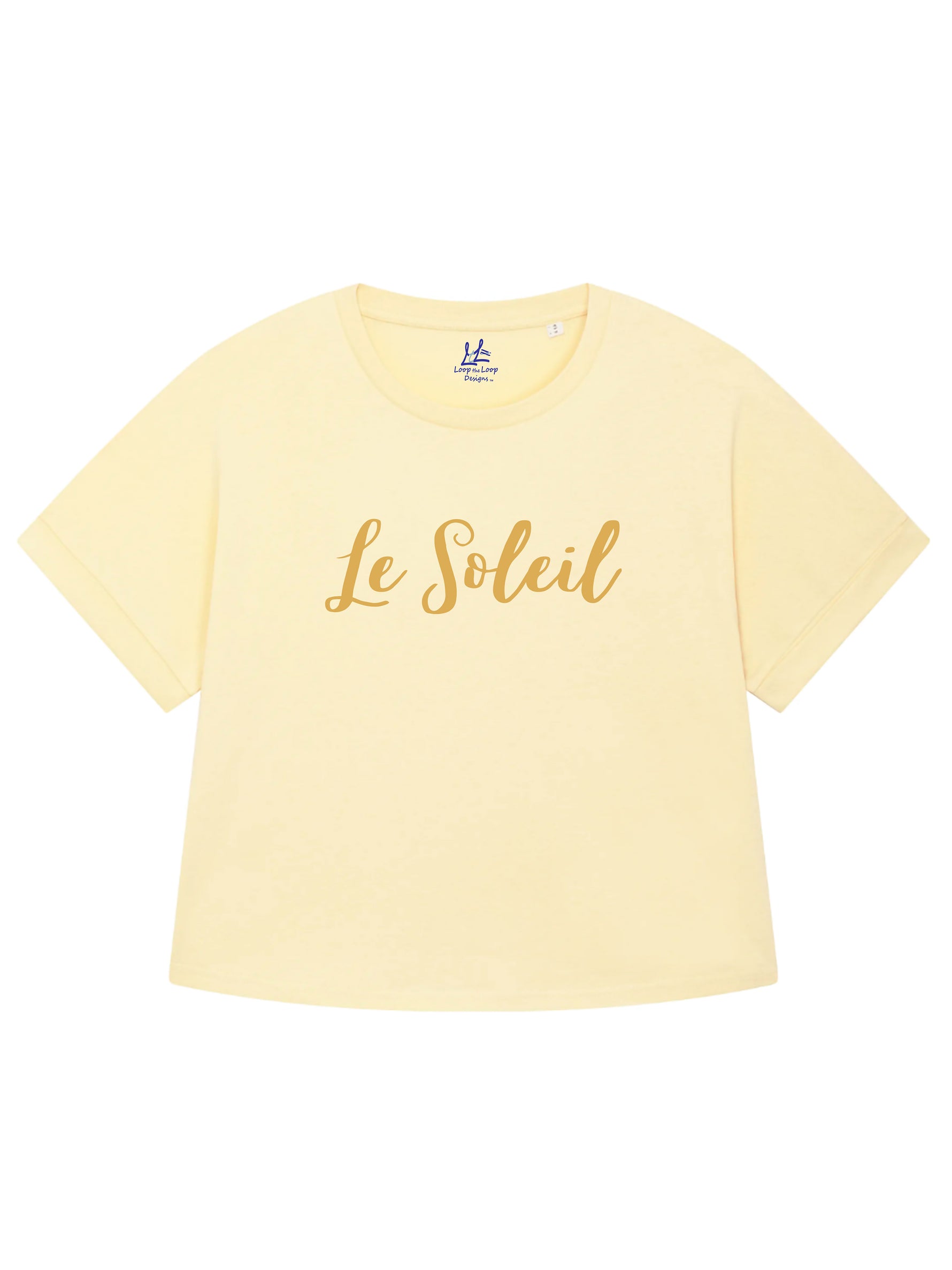 Butter yellow oversized t-shirt with loose short sleeves and rolled cuff. Round neck. Ladies summer t shirt  slogan design Le Soleil in matt metallic gold script font.  Organic Cotton summer top