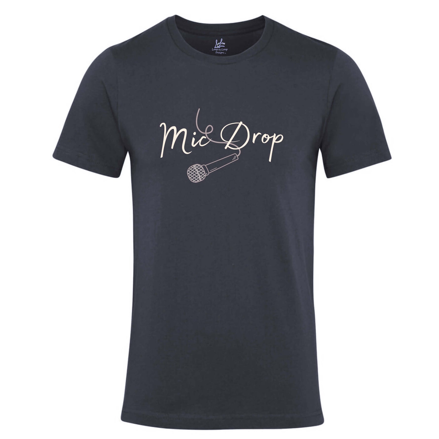 Mens dark grey graphic tshirt with white wording Mic Drop and light grey microphone outline. Rock / Hip Hop music theme unisex relaxed fit slogan band tee with crew neck and short sleeves