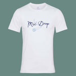 Mens white graphic t shirt with wording navy Mic Drop and blue microphone outline. Music theme unisex relaxed fit slogan band tee with crew neck and short sleeves