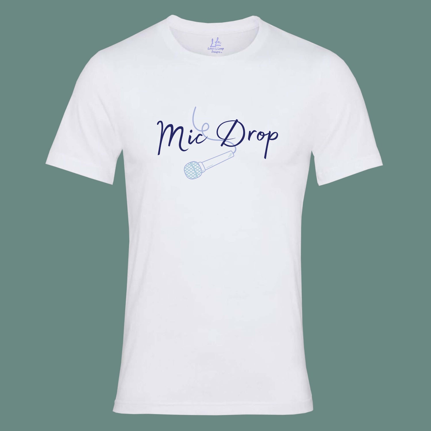 Mens white graphic t shirt with wording navy Mic Drop and blue microphone outline. Music theme unisex relaxed fit slogan band tee with crew neck and short sleeves