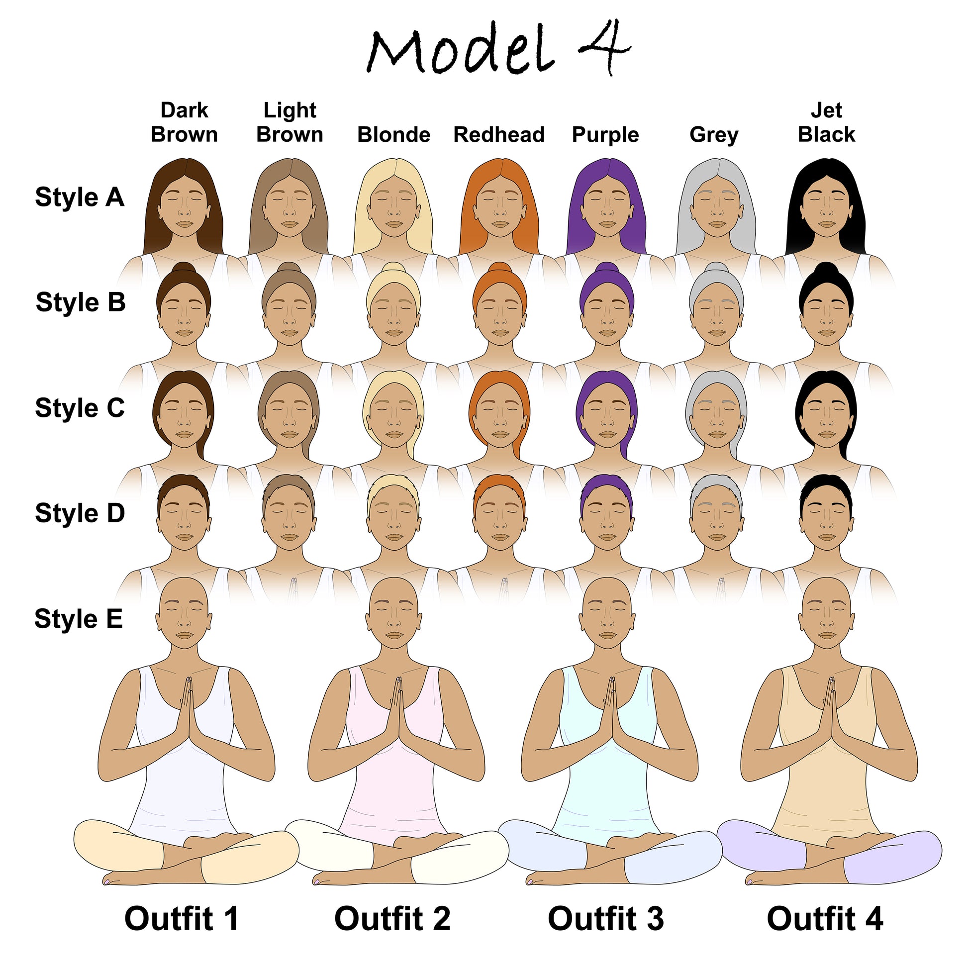 Personalised yoga mug customisation options chart. Model 4. In the foreground, four Asian women in different outfits (blue, pink, turquoise and sand coloured), all in yoga meditation poses. Hair style and hair colour variations are behind them, including Brown, Blonde, Redhead, Grey & Bald.