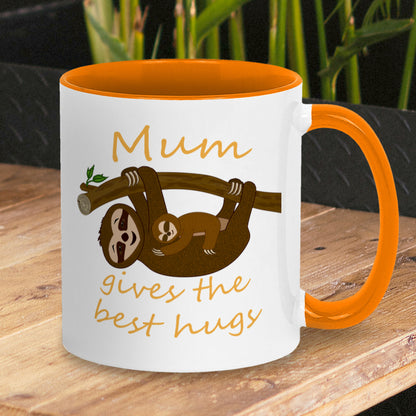 Personalised Tea / Coffee cup gift. Cute cuddly three toed sloths on a branch. Mum and baby. Two tone white with orange ceramic coffee mug. Customisable name reads Mum gives the best hugs in orange font.